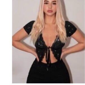Black Sequin Tie-Front Top